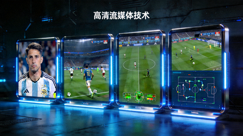多屏幕显示不同足球比赛直播画面，展示高清流媒体技术